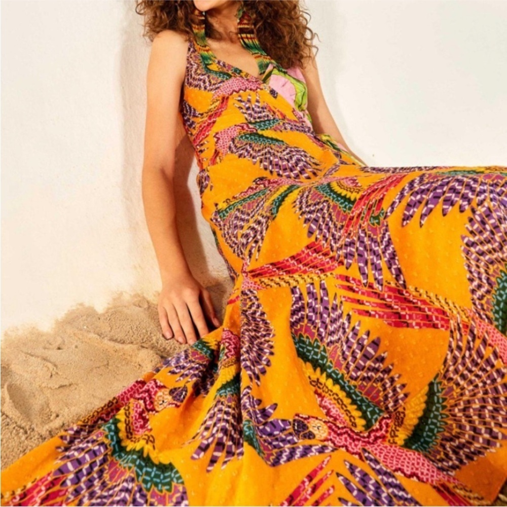 Farm Rio MIXED PRINTS MIDI WRAP DRESS  Sz MEDIUM BEADED MACAWS PINK FOLIAGE - Picture 13 of 15
